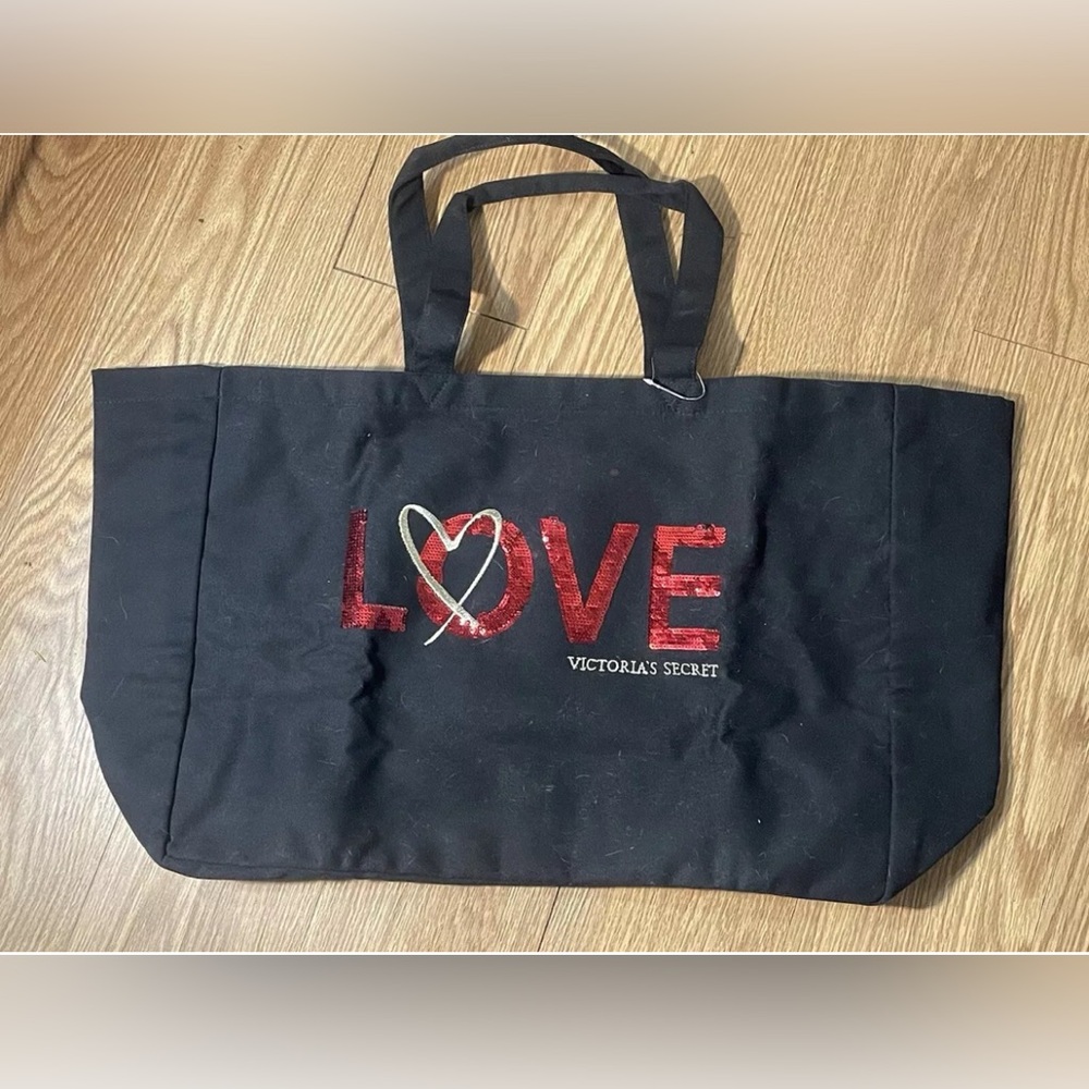 Victoria's Secret Black Canvas Red Love Sequin Tote